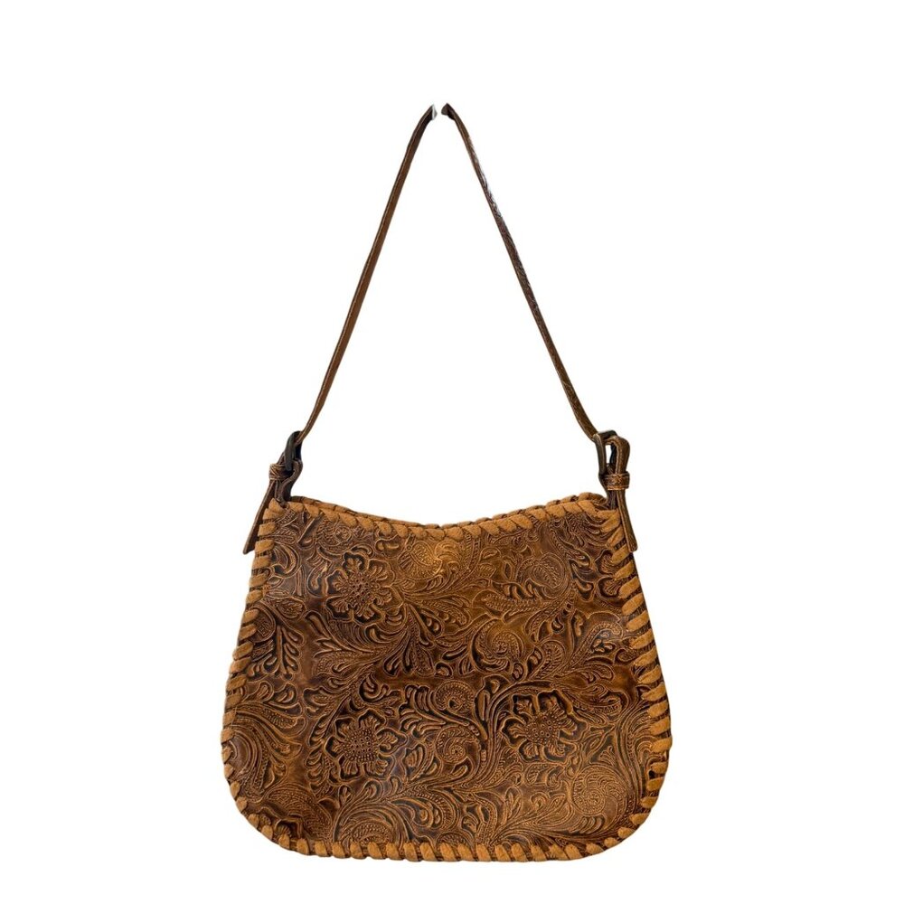 Vintage-Style Tooled Leather Handbag With Floral Design & Whipstitch Detail